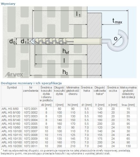 DYBEL RAMOWY Z HAKIEM SUFITOWYM ARL 10/080MM